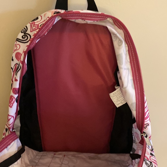 Jansport Black Pink Hearts Pattern on White Backpack with Adjustable Straps - Picture 3 of 8